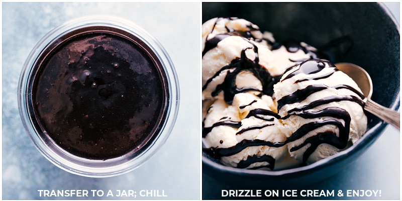Process shots-- images of the sauce being transferred to a jar for chilling; pouring it over ice cream