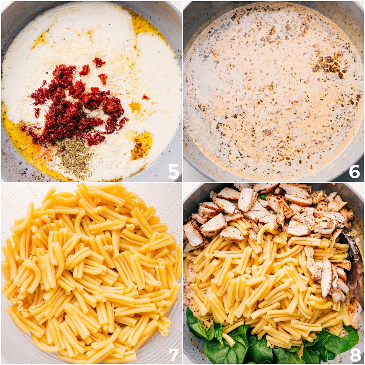 Tomatoes, Parmesan, seasonings, and cream added to the sauce base, then combined with pasta, spinach, and chicken.