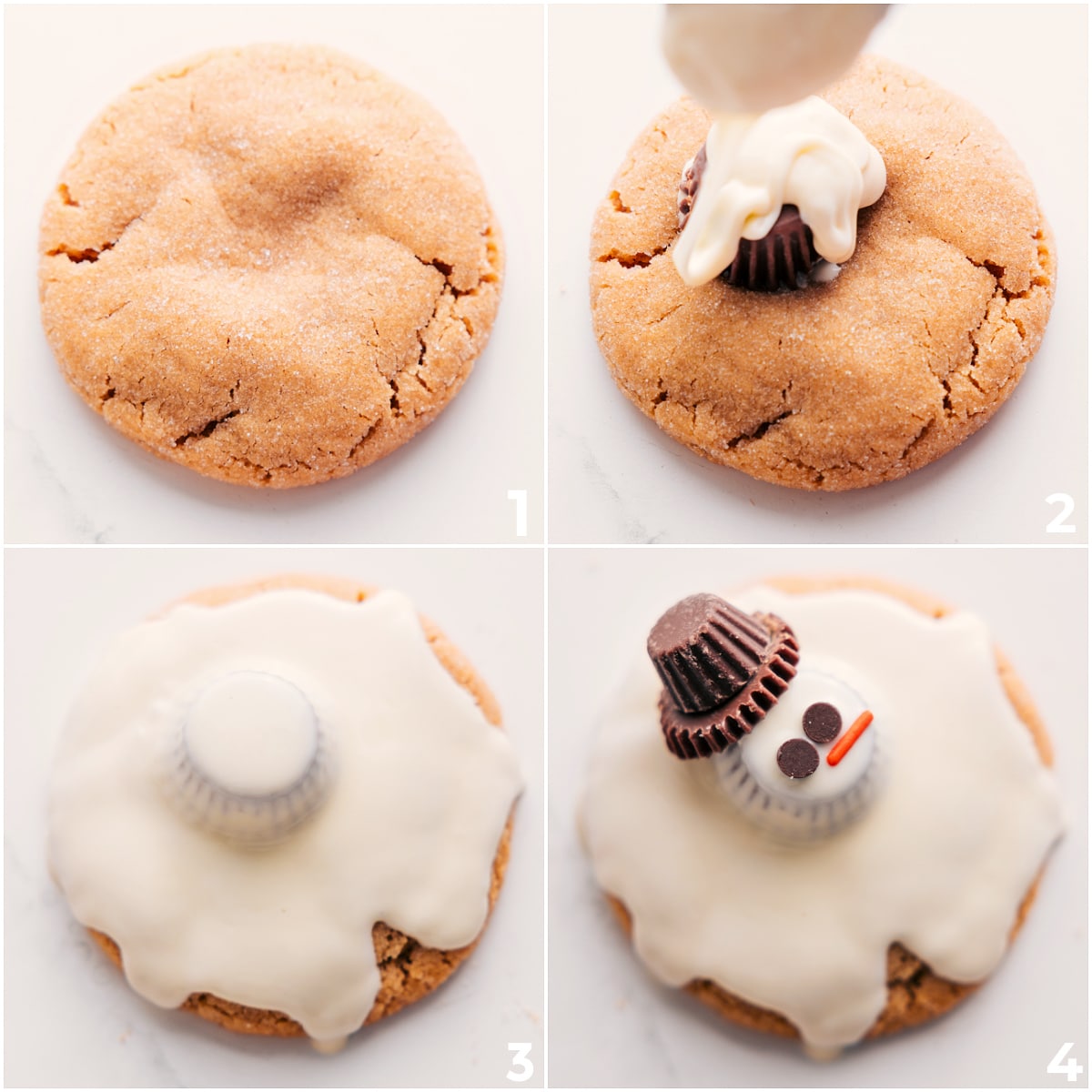 How To Make Melted Snowman Cookies Peanut butter cookies topped with peanut butter cups, drizzled white chocolate, an extra peanut butter cup “hat,” an orange jimmie for a carrot nose, and chocolate chips for eyes.