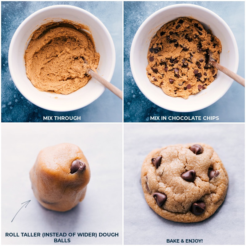 Process shots-- images of the chocolate chips being added and the dough being rolled into balls, and it all being baked