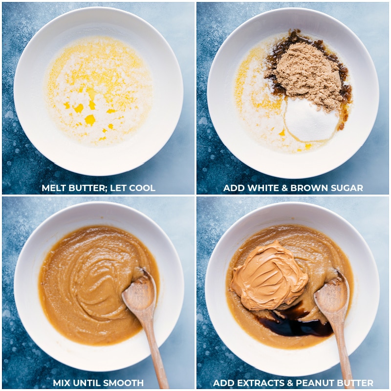 Process shots-- images of the butter being melted, white and brown sugar being added and mixed together, and then extracts and peanut butter being added