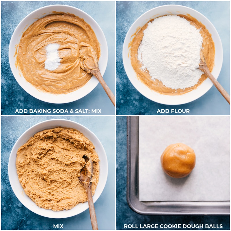 Process shots-- images of the baking soda, salt, and flour being added and mixed together and then rolling the dough into a ball to be baked