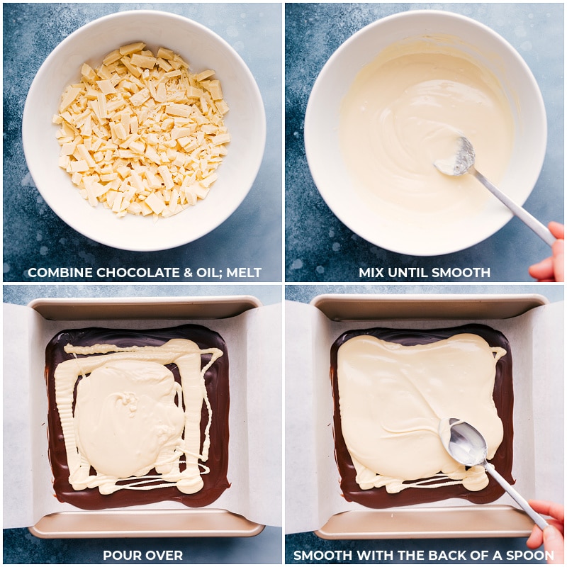 Process shots of Peppermint Bark-- images of the white chocolate being melted and spread over the chocolate layer