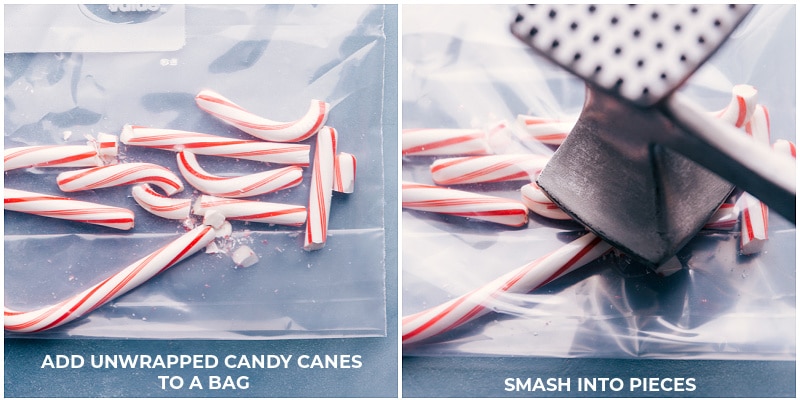 Process shots of Peppermint Bark-- images of the peppermint candy canes being crushed