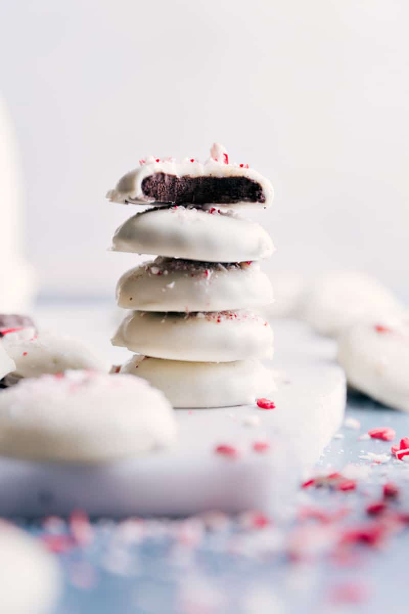 Image of the peppermint cookies stacked on top of eachother