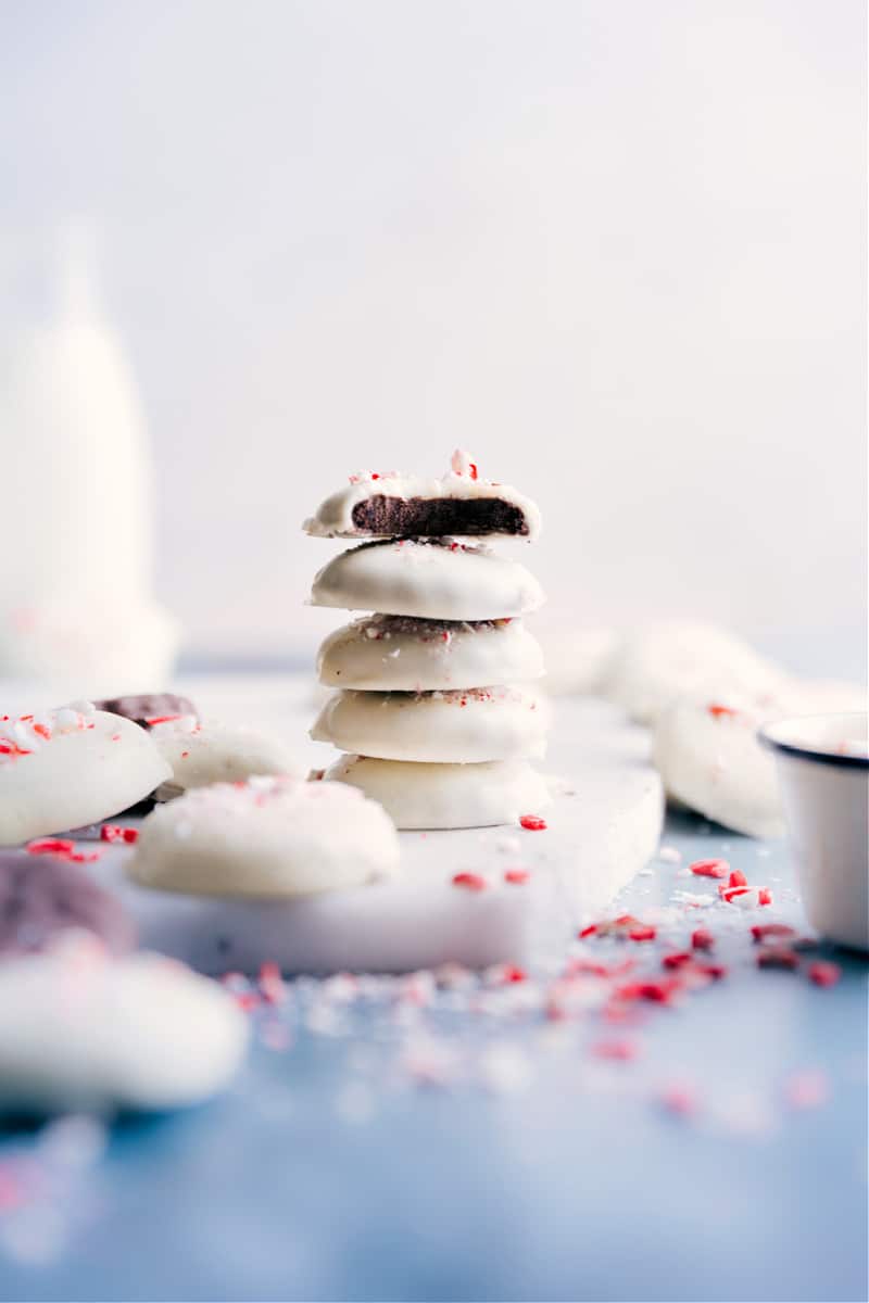 Image of the peppermint cookies stacked on top of eachother