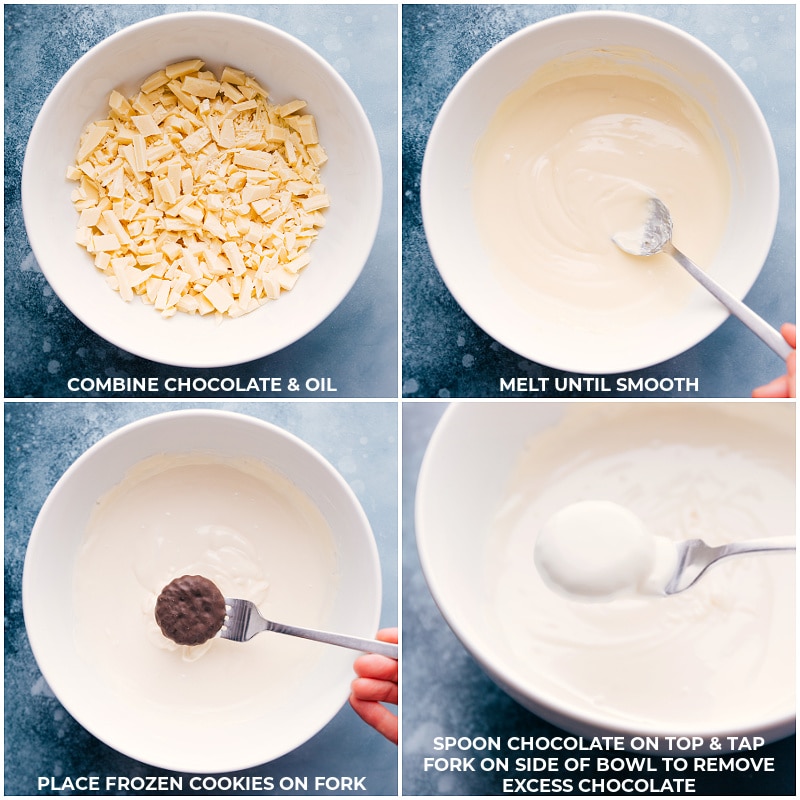 Process shots of peppermint cookies-- images of the cookies being dipped in white chocolate