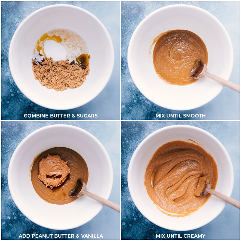 Process shots-- images of the butter, sugars, peanut butter, and vanilla and it all being mixed together