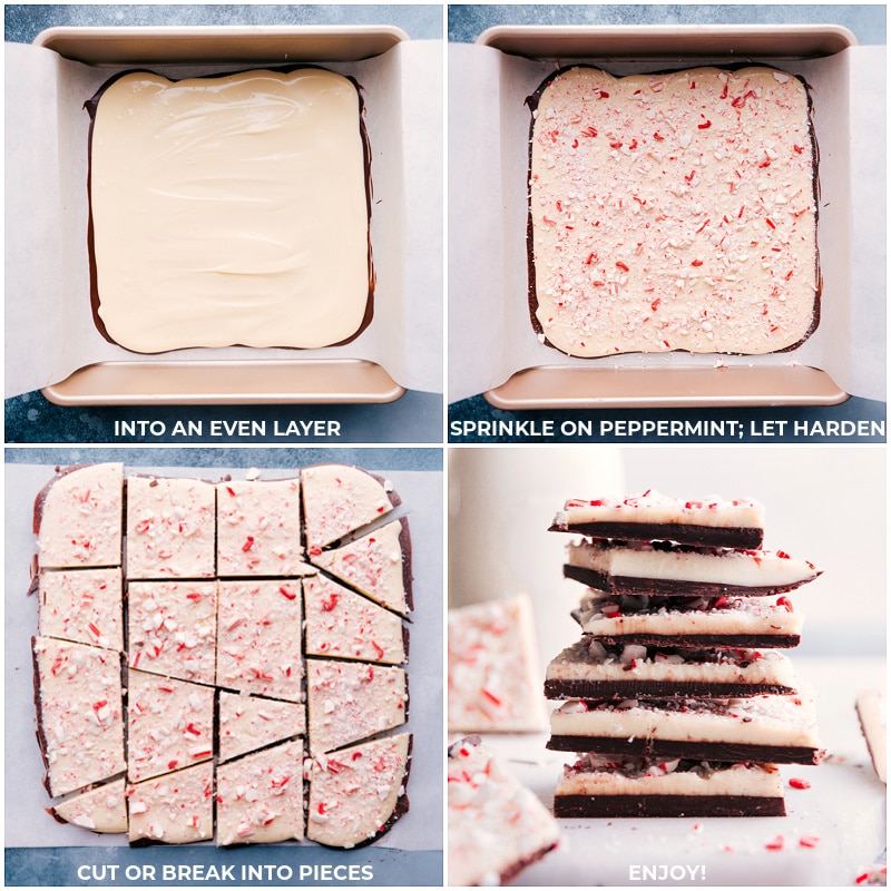 Process shots-- images of the peppermint sprinkled over the Peppermint Bark