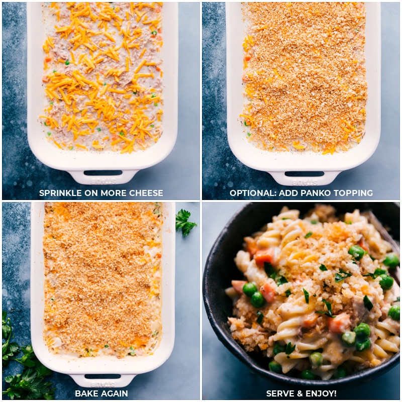 Process shots-- images of cheese and panko being added as a topping and then baking again