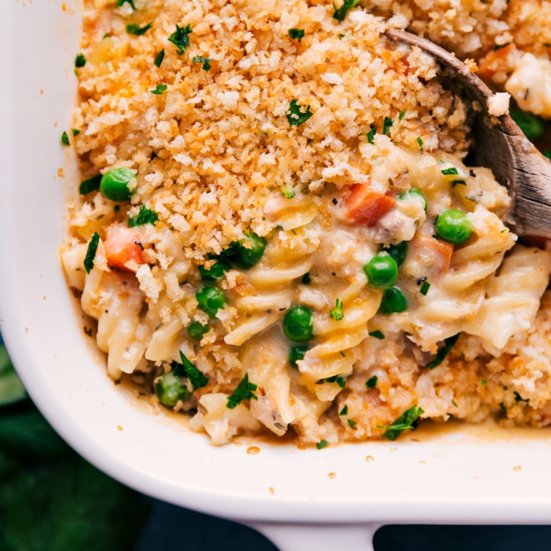 Up-close overhead image of Tuna Casserole fresh out of the oven