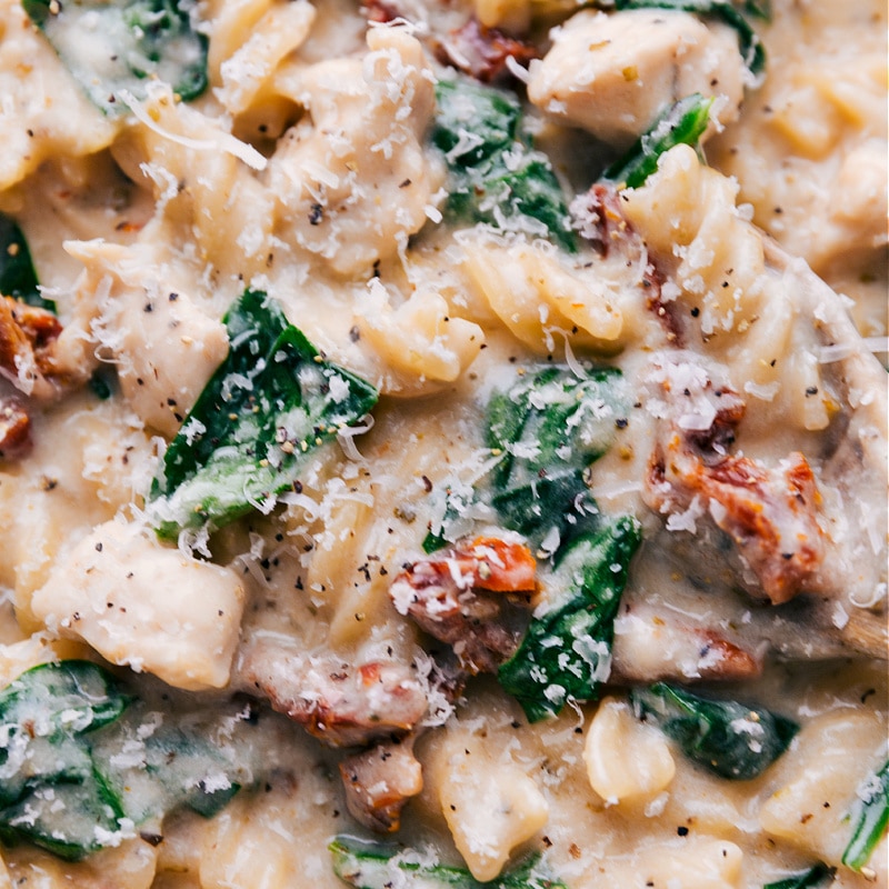 Up-close overhead image of Tuscan Chicken Pasta fresh out of the oven