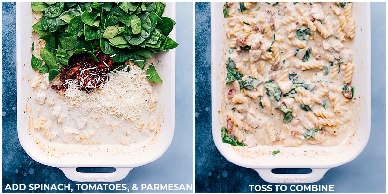 Process shots-- images of the spinach, tomatoes, and Parmesan being added to the pan