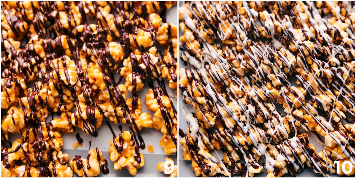 The popcorn comes out of the oven, and white and dark chocolate drizzle on top for that classic zebra popcorn look.