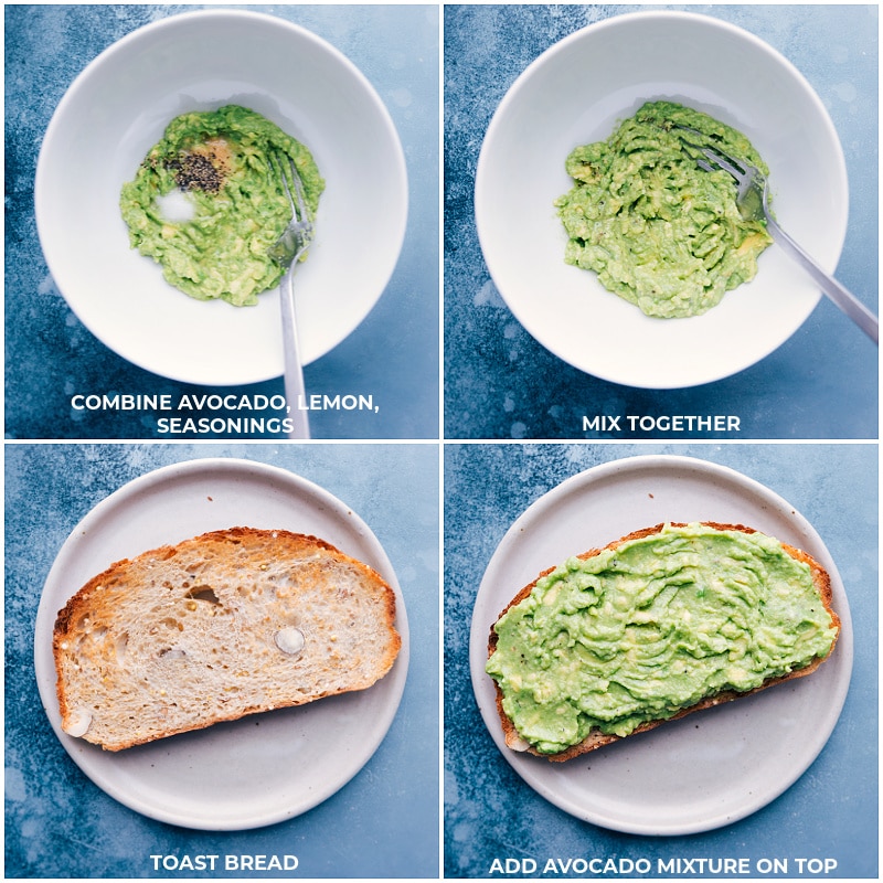 Process shots--mash avocado with lemon and seasonings; toast the bread; top the toast with avocado mixture