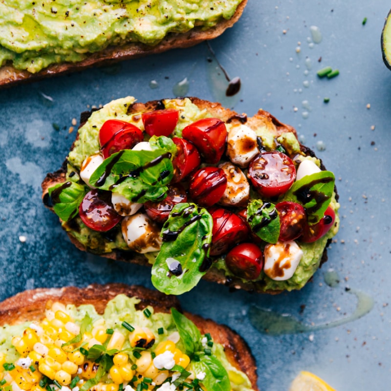 Overhead image of the Caprese Salad version of Avocado Toast