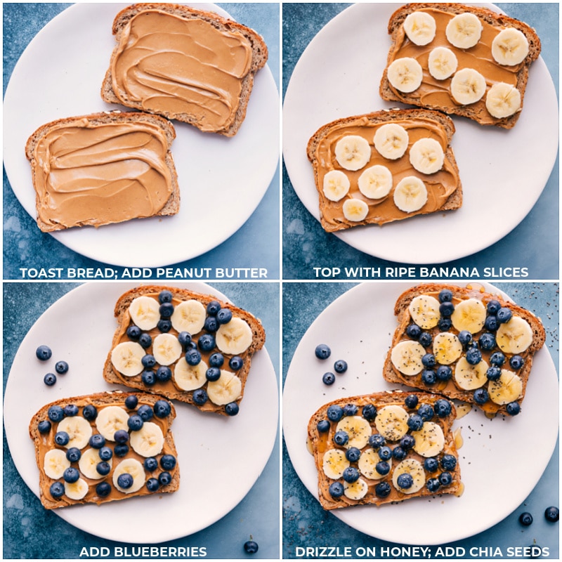 Process shots-- images of the peanut butter, bananas, blueberries, honey, and chia seeds being layered onto the toast