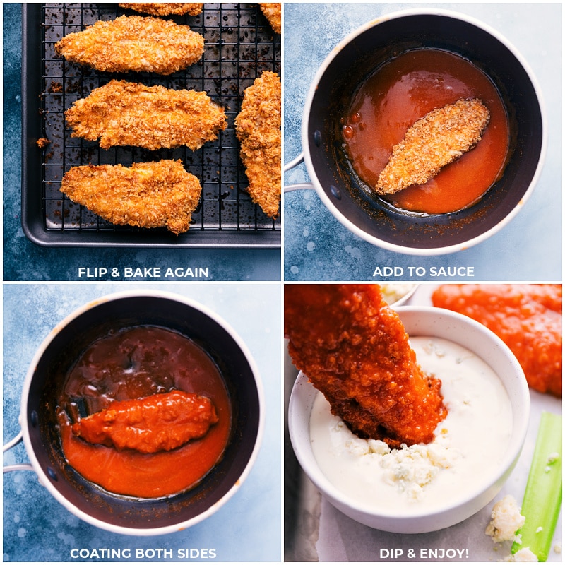 Process shots of the buffalo chicken tenders-- images of them being flipped and dredged in the buffalo sauce