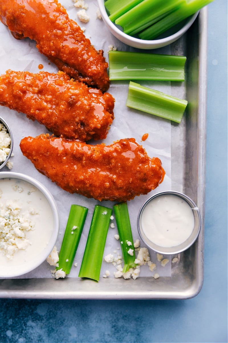 Meal Prep Taco Bowls Crispy baked Buffalo chicken tenders coated in spicy Buffalo sauce and served with dipping sauce.