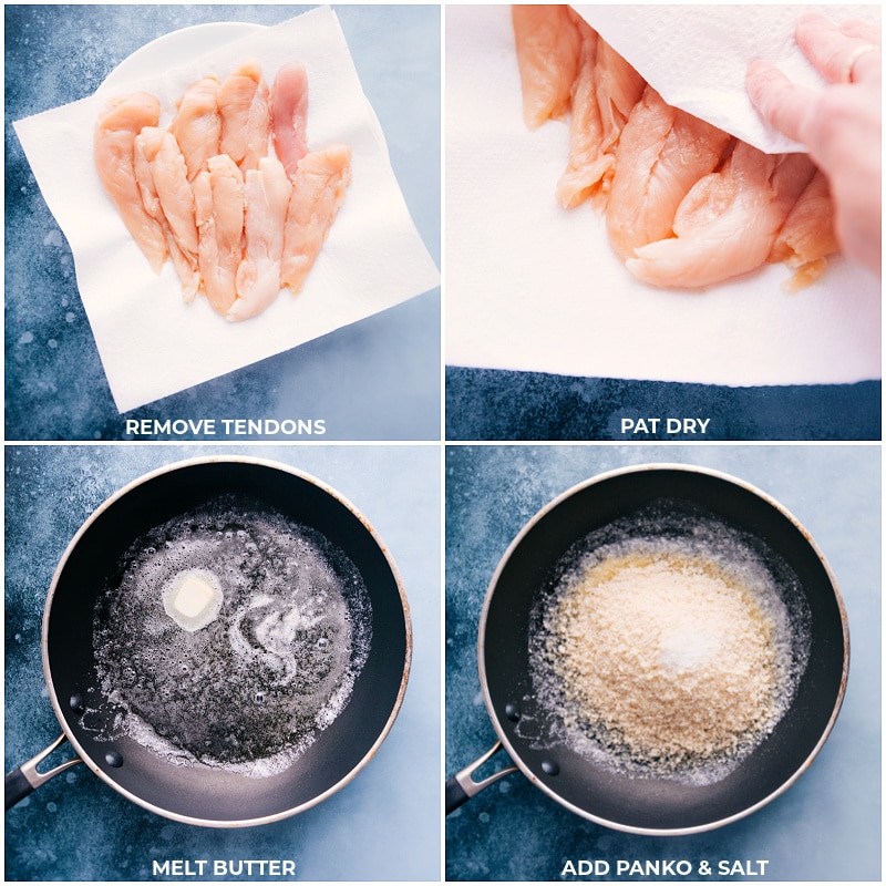 Process shots of the buffalo chicken tenders-- images of the raw renders being prepped and then the Panko being toasted