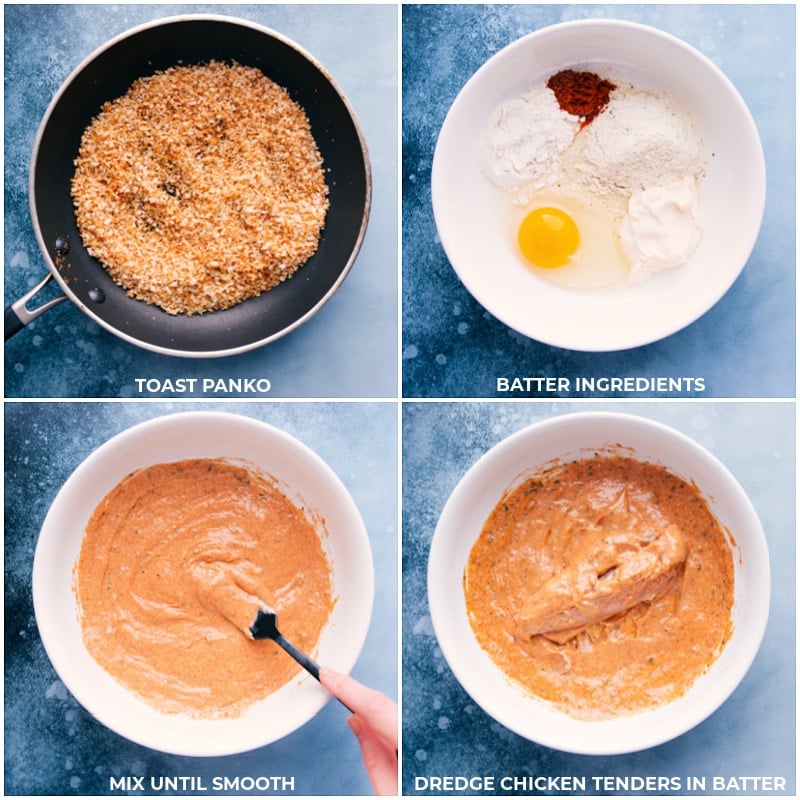 Process shots-- images of the batter ingredients being mixed together and the chicken being dredged in it