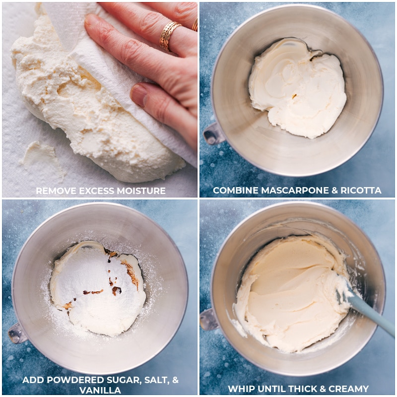 Process shots: remove excess moisture from the ricotta; mix with mascarpone; add in sugar, salt and vanilla; whip until thick and creamy