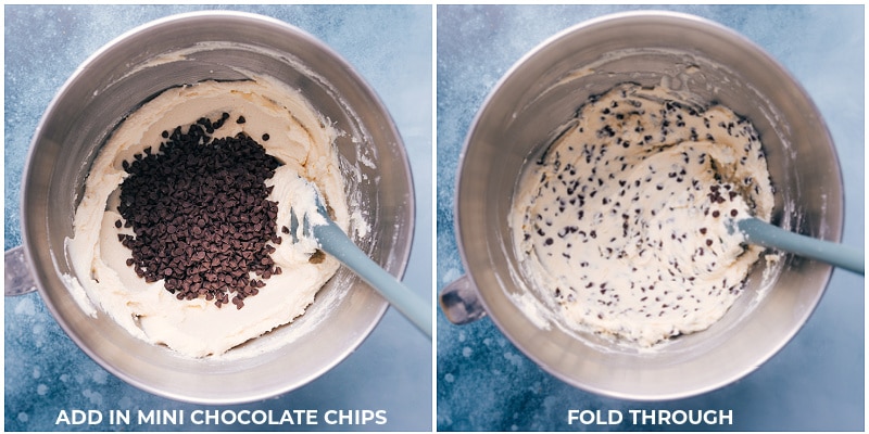 Process shots: add mini chocolate chips; fold into the cheese mixture.