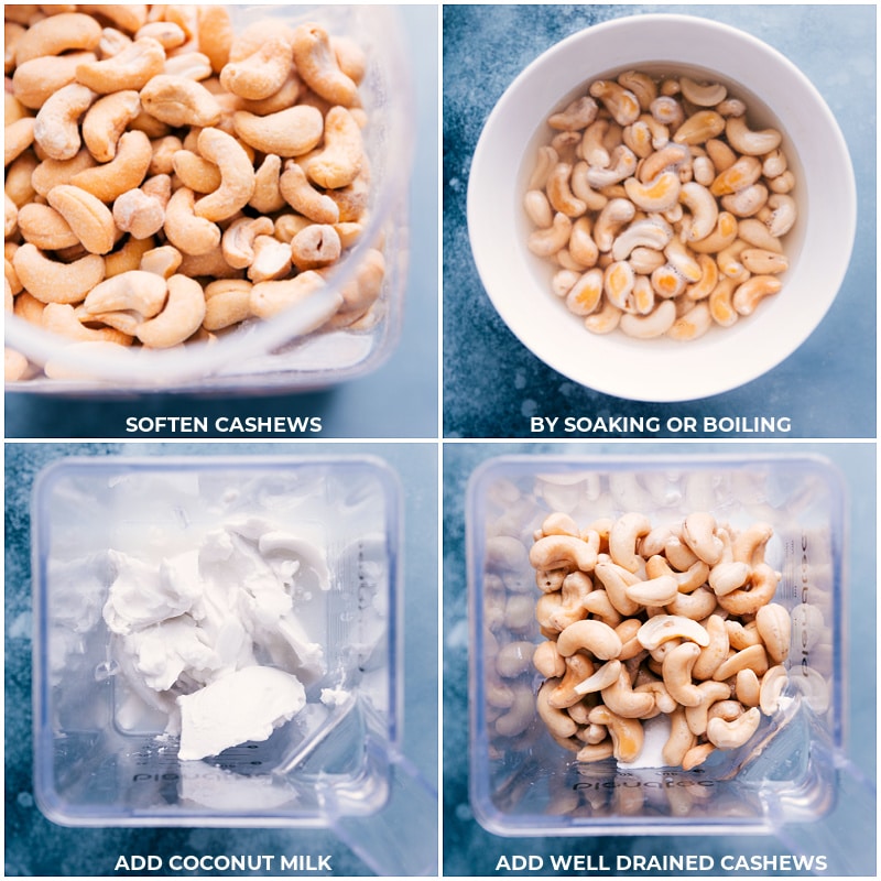 Process shots: soften cashews in boiling water; add coconut milk and nuts to the blender.