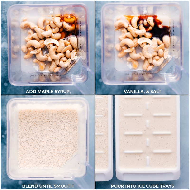 Process shots: Add maple syrup, vanilla and salt to the blender; blend until smooth; pour into ice cube trays
