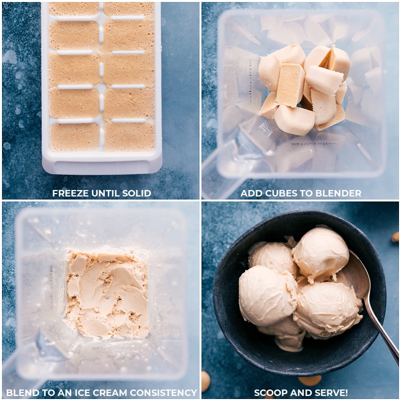 Process shots of cashew ice cream: Freeze mixture until solid; add frozen mixture to the blender; blend to a soft-serve consistency; scoop and serve