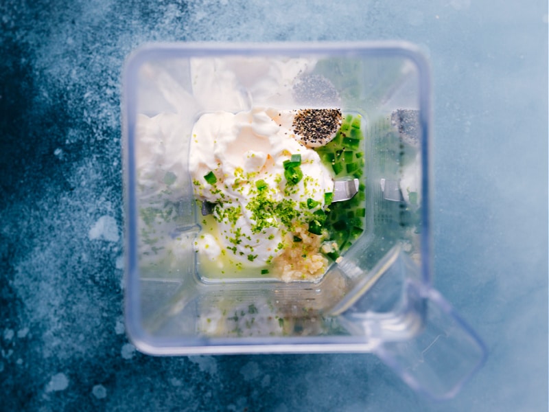 Overhead image of all the ingredients being added to a blender