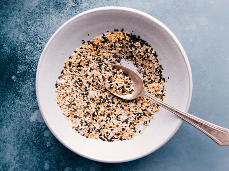 Overhead image of Everything Bagel Seasoning ready to be served