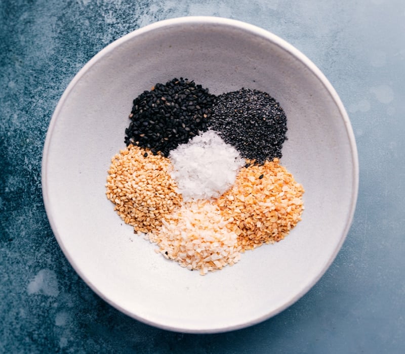 Overhead image of Everything Bagel Seasoning ingredients all in a bowl 