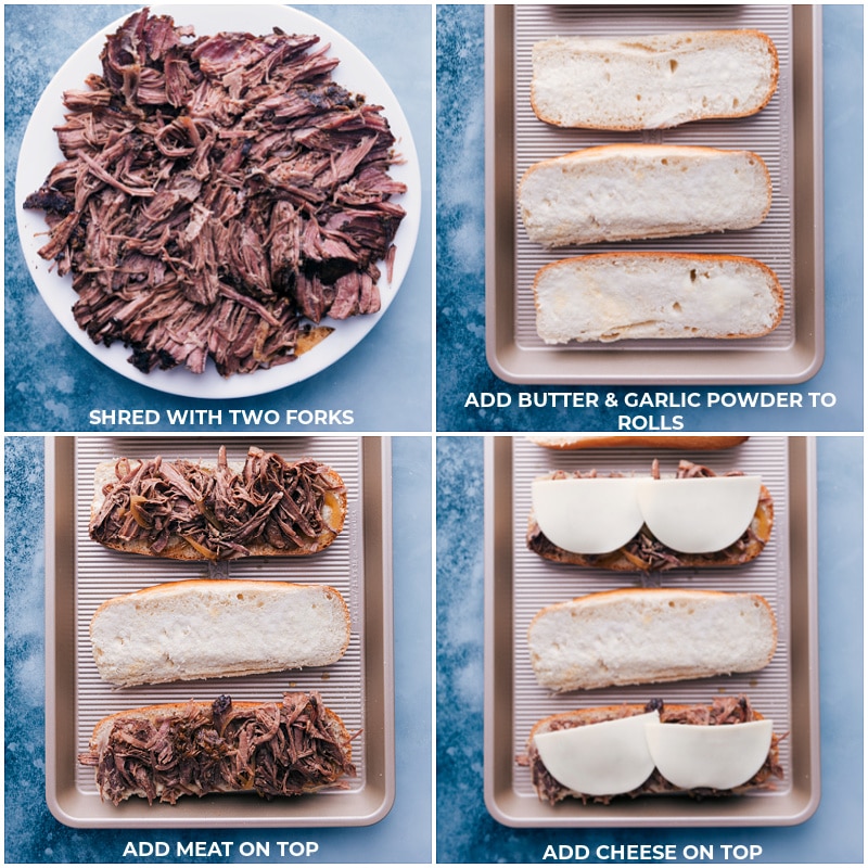 Process shots of French Dip Sandwiches-- images of the meat being added to the bread and cheese being added on top