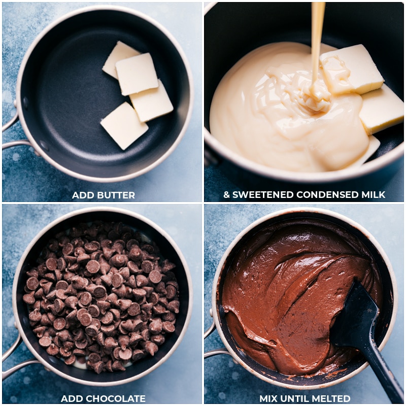 Process shots: melt together the butter, sweetened condensed milk, and chocolate