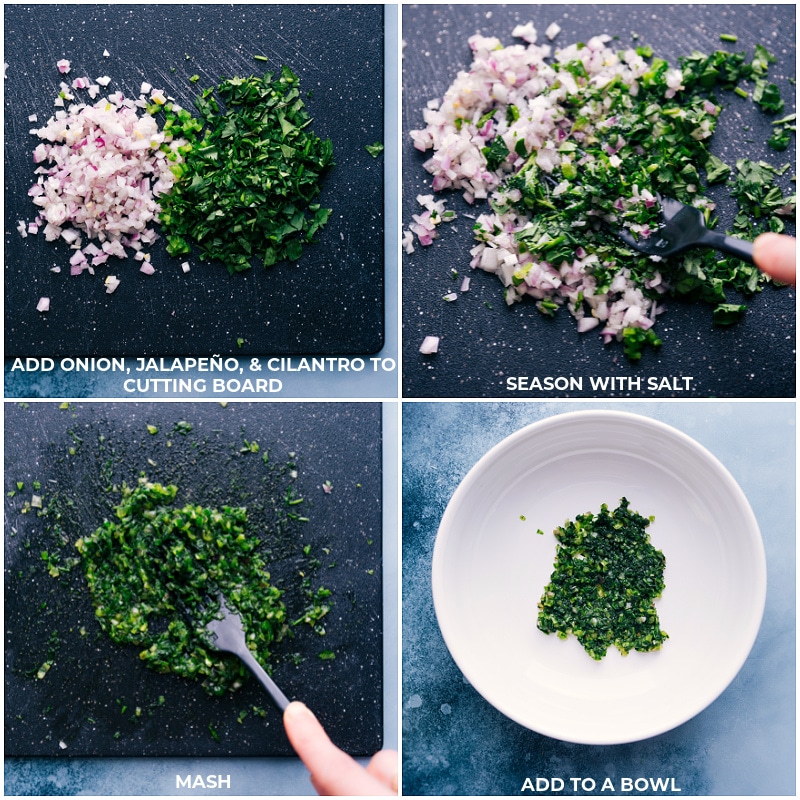 Process shots: add onion, jalapeño and cilantro to cutting board; season with salt and mash; transfer to a bowl