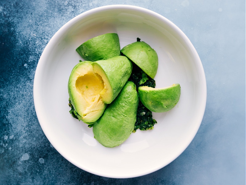 Avocado halves in the bowl