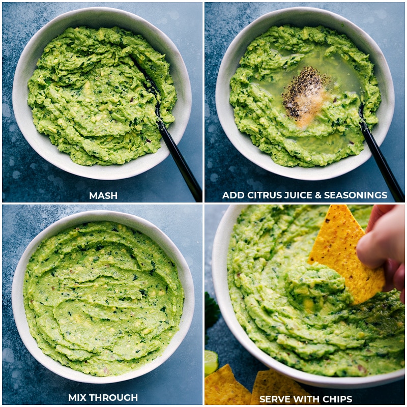 Process shots of guacamole recipe: mash the avocados; add citrus juice and seasonings; mix well; serve with chips