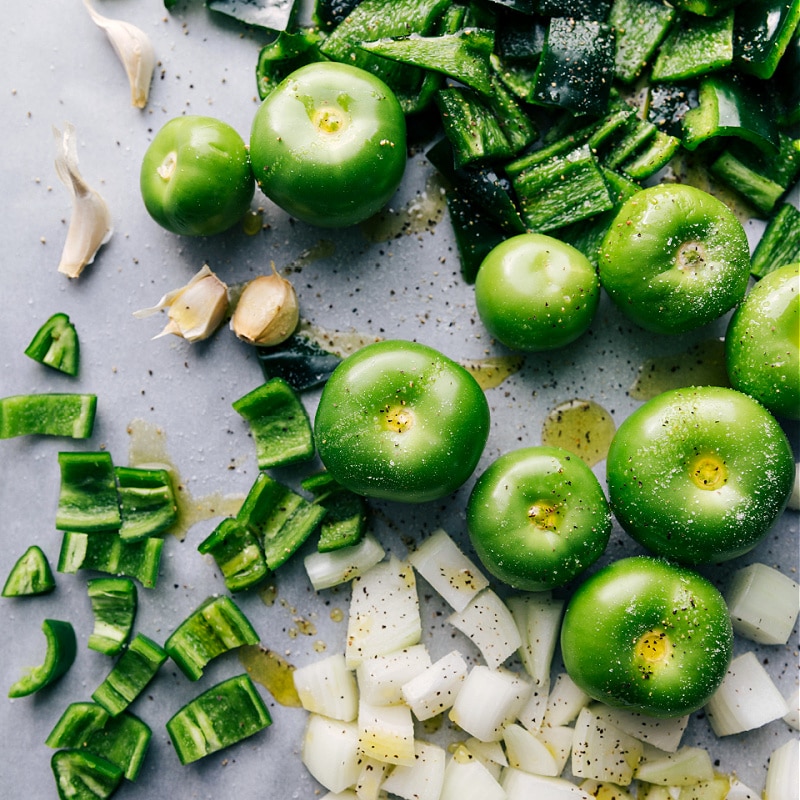 Ingredient shot: the fresh peppers, onions, garlic and tomatillos needed for this recipe