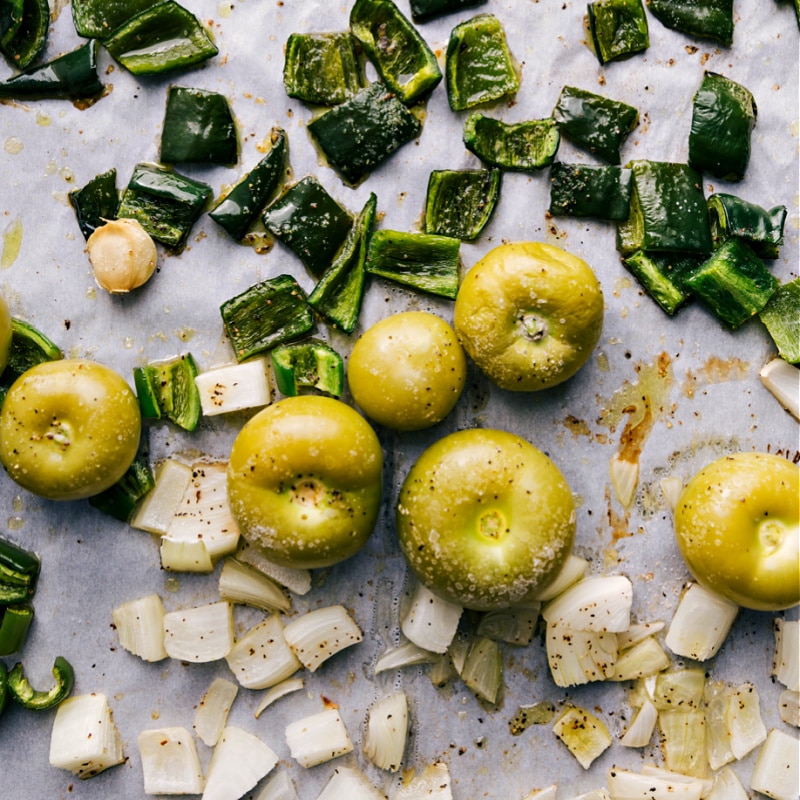 Ingredient shot: the roasted peppers, tomatillos, onions and garlic.