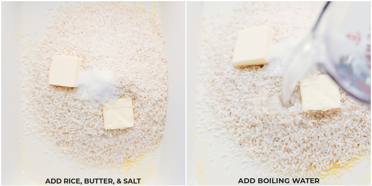 Rice, butter, salt, and boiling water being added to a pan.