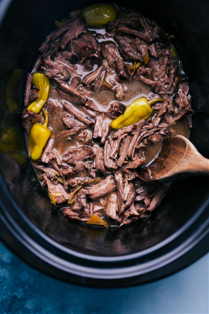 Up-close overhead image of the Mississippi Pot Roast fresh out of the crockpot