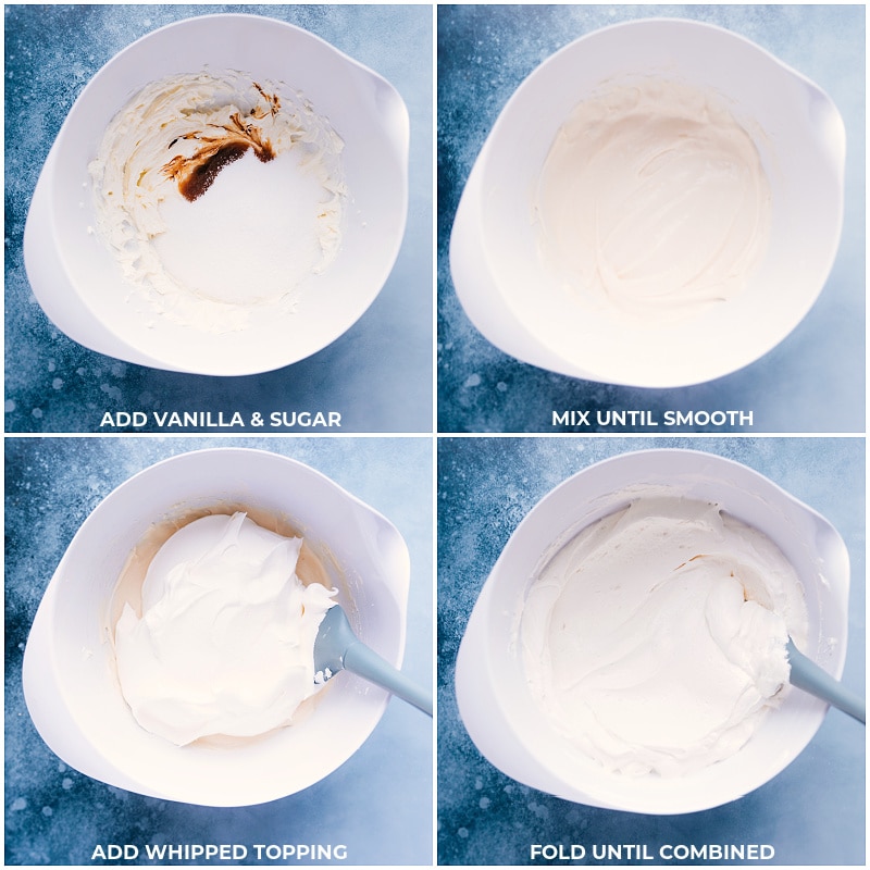 Process shots-- adding the vanilla, sugar, and whipped topping to a bowl and mixing until smooth