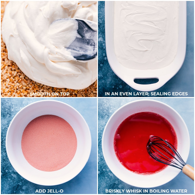 Process shots of Strawberry Pretzel Salad-- adding the whipped cream layer to the crust; seal the edges; brisky whisk the boiling water into the gelatin