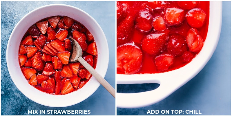 Process shots-- combining strawberries with the gelatin; adding to the top of the salad.