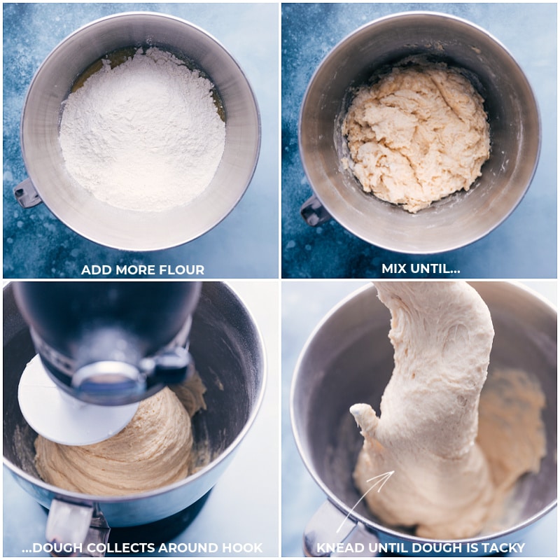 Process shots of White Bread-- add more flour; mix until dough collects around the hook; knead until the dough is tacky