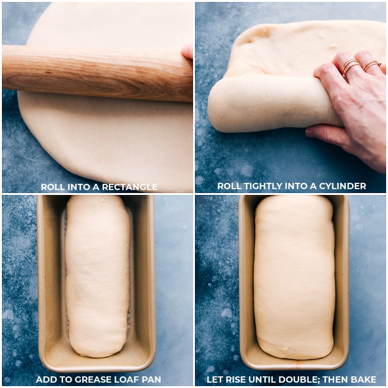 Process shots--roll the dough into a rectangle; roll into a cylinder; add to the pan; let rise until double in size