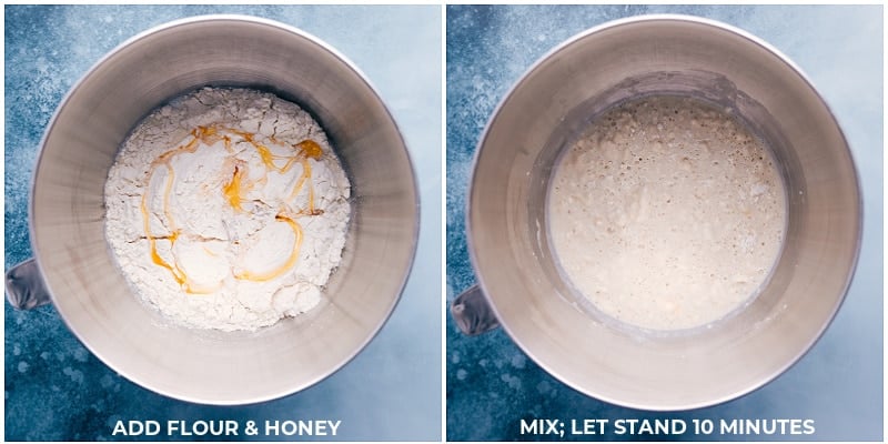 Process shots of White Bread-- Adding honey and flour to the yeast; letting it stand for 10 minutes