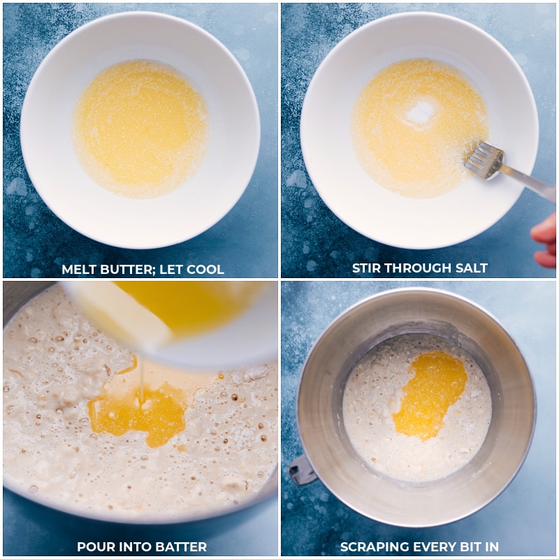 Process shots-- melt the butter and allow to cool; stir in the salt; pour this mixture into the batter.