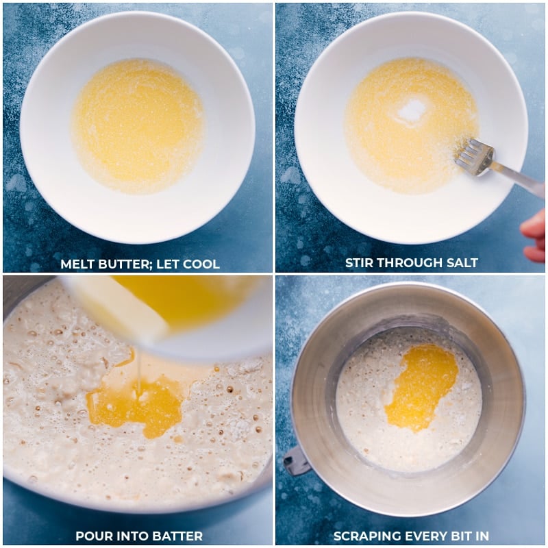 Process shots-- melt the butter and allow to cool; stir in the salt; pour this mixture into the batter.